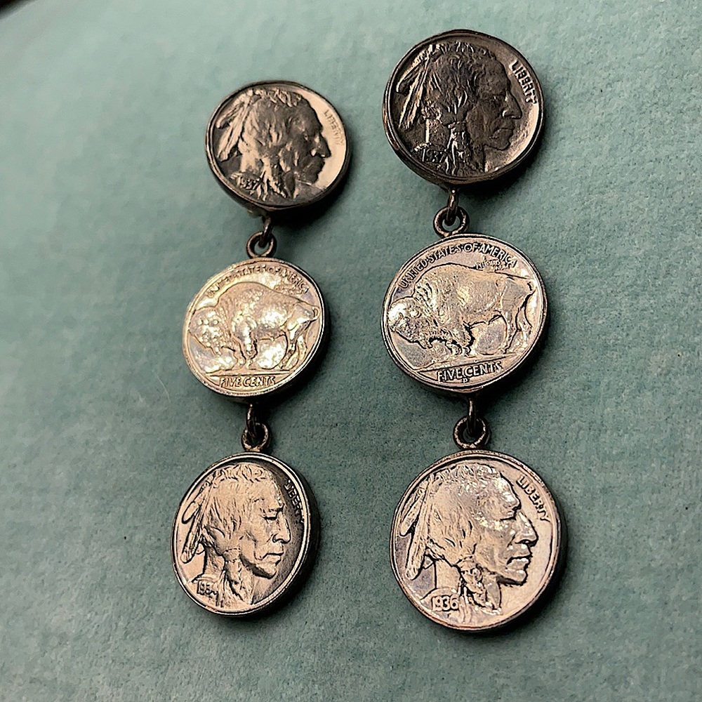 OLD PAWN Vintage buffalo nickel Handmade Certified silver Navajo earring set